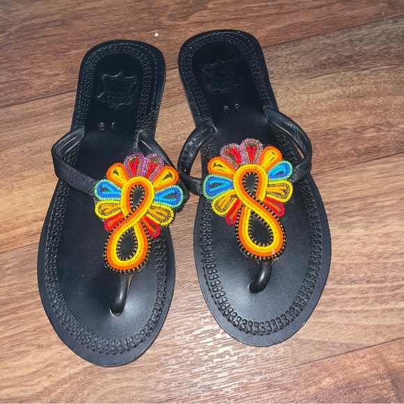 African leather Maasai Handmade beaded Sandals EU 39/ US 6-6.5 multicolored - Picture 2 of 5